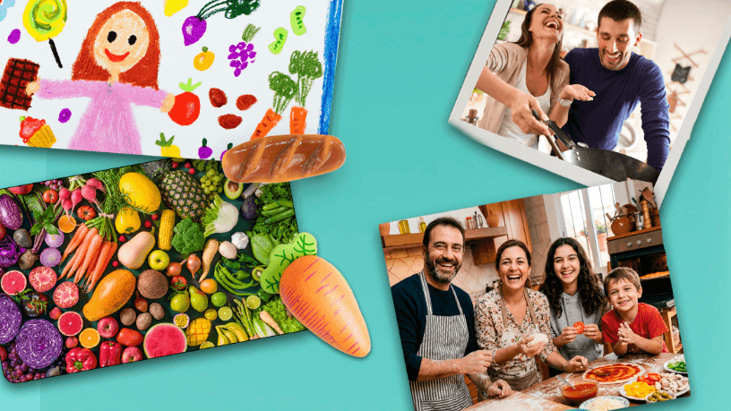 Frutas y verduras junto a imágenes de personas cocinando en familia
